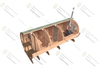 Баня-бочка из кедра длиной 5 метров с крыльцом в разрезе КедрПром